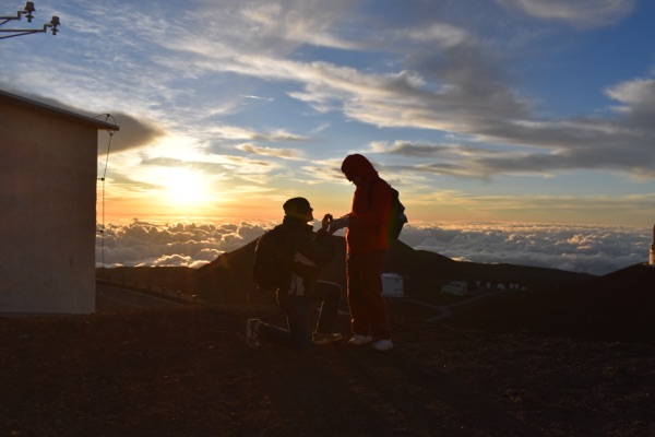 Ian proposing to Nicole at the summit of Mauna Kea